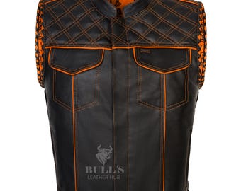 Gilet de motard en cuir fait main : gilet de moto matelassé losanges, noir et orange