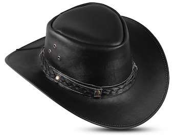 May include: A black leather cowboy hat with a braided band and gold-colored accents.