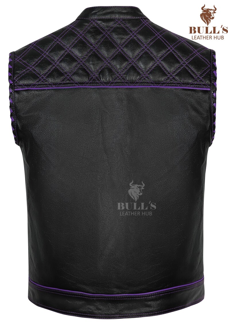 May include: Black leather vest with purple stitching and trim. The back features a quilted pattern with diamond stitching. The vest has the "BULL'S LEATHER HUB" logo.