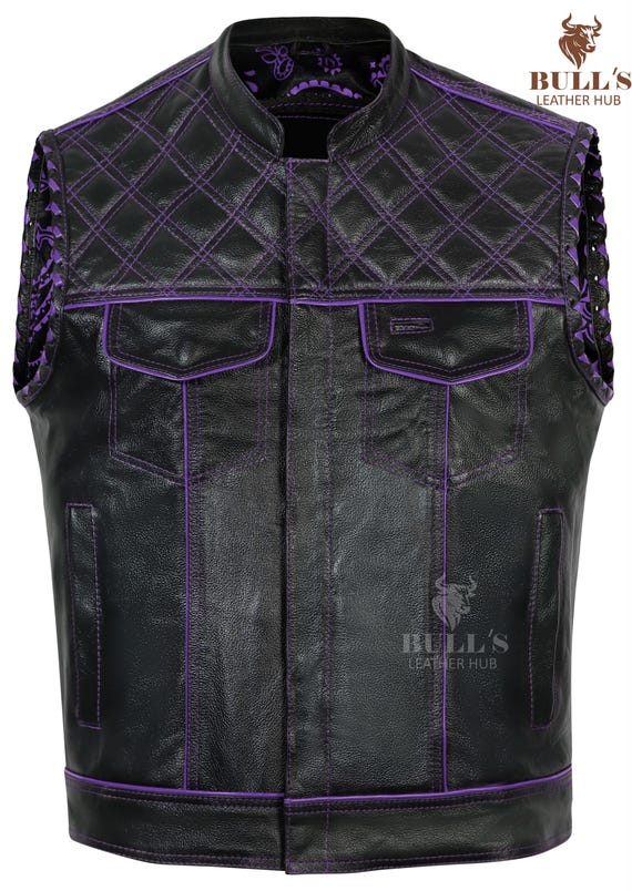 Motorcycle Leather Vest, Handmade Leather Biker Vest: Diamond Quilted Motorcycle Vest, Black & Purple, Men's Leather Vest, Biker Vest