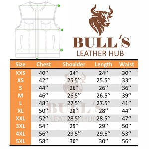 May include: A leather vest with a size chart from Bull's Leather Hub. The vest has two chest pockets and a front zipper. The size chart lists chest, shoulder, length, and waist measurements in inches for sizes XXS to 5XL.