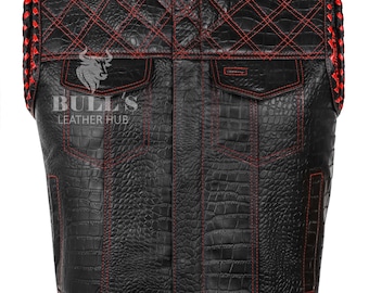 Motorcycle Vest, Handmade Leather Biker Vest: Diamond Quilted Motorcycle Vest, Black & Red, Biker Leather Vest