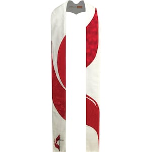May include: A white and red clergy stole with a patterned design. The stole has a white base with red curved accents and a red patterned design. The United Methodist cross and flame logo is visible at the bottom.