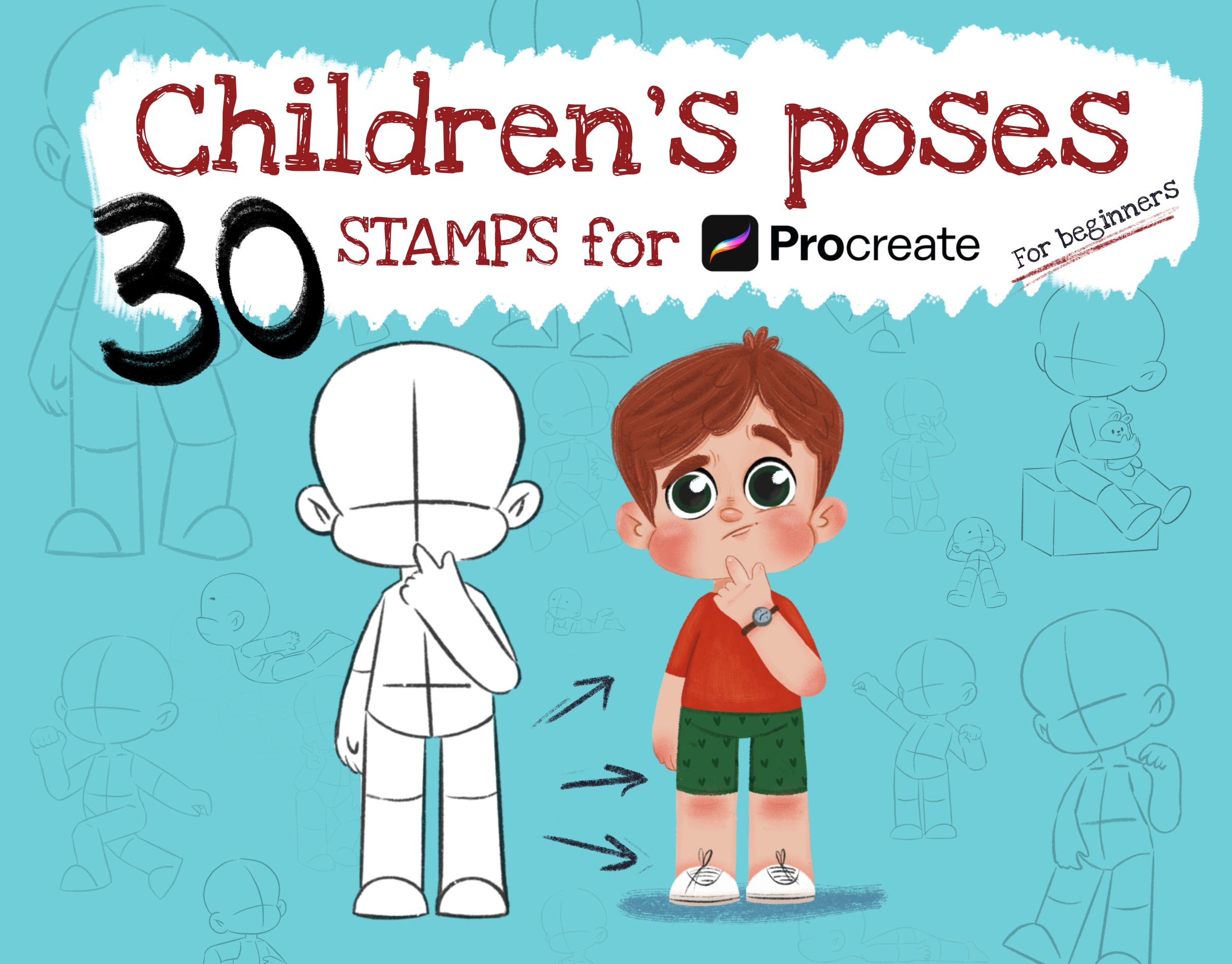 Kids Character Poses Procreate Stamp Set – 30 Pencil-Style Body Pose Brushes for Beginners