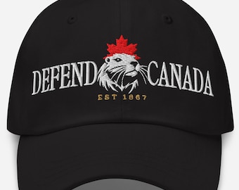May include: Black baseball cap with white embroidered text "DEFEND CANADA" and a beaver graphic with a red maple leaf. The text "EST 1867" is below the beaver graphic. The cap is made of a durable fabric.