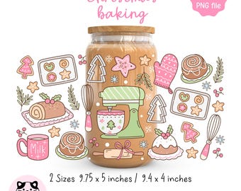 May include: A can glass wrap with a Christmas baking theme. The design includes a stand mixer, rolling pin, and various baked goods. The text "Christmas baking" is displayed at the top. The wrap is available in two sizes: 9.75 x 5 inches and 9.4 x 4 inches.