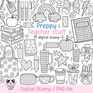 Könnte beinhalten: Schwarz-weißes digitales Stempelset mit Illustrationen zum Thema Schule und Lehrer. Enthält einen Stapel Bücher, einen Apfel, einen Regenbogen, ein Notizbuch, eine Tragetasche und andere Preppy-Elemente. Der Text lautet "Preppy Teacher stuff 45 digital stamp."