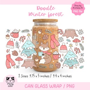 May include: A glass can wrap with a winter forest doodle design. The design includes a fox holding a mug, snowflakes, trees, and a scarf. The can wrap is available in two sizes: 9.75 x 5 inches and 9.4 x 4 inches.