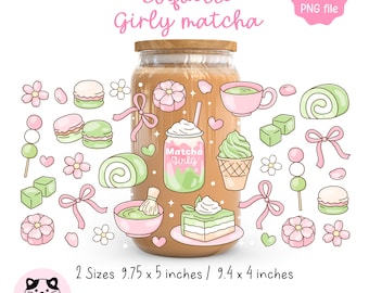 Coquette Matcha Cup Wrap PNG, Girly Dessert Design (Digital Download)
