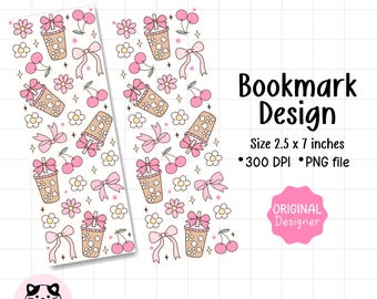 Girly Iced Coffee Bookmark Png Cherry Bow Bookmarks Digital Printable Png Girly Bookmark File Coquette Bow Printable Bookmarks Bookmark Gift