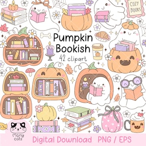 May include: Digital clipart collection with pumpkins, ghosts, books, and autumnal elements. The text "Pumpkin Bookish" and "42 clipart" are visible. The design uses orange, pink, and white, with floral and leaf accents. The image is a digital download.