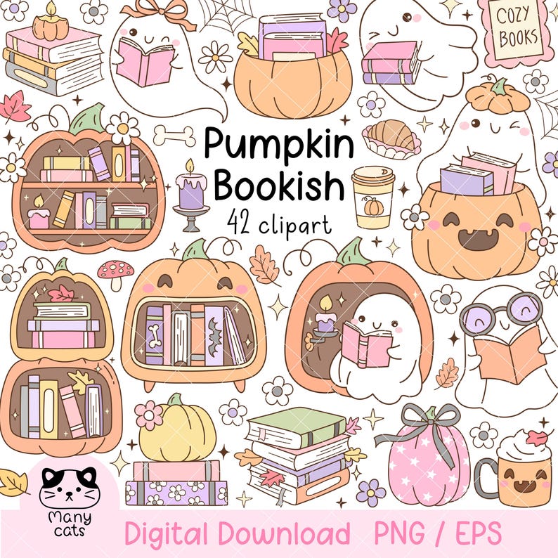 May include: Digital clipart collection with pumpkins, ghosts, books, and autumnal elements. The text "Pumpkin Bookish" and "42 clipart" are visible. The design uses orange, pink, and white, with floral and leaf accents. The image is a digital download.