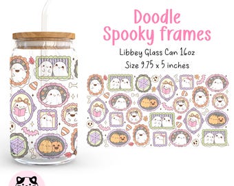 Spooky Frames 16oz Libbey Glass Can Wrap Png Halloween Ghost Libbey Can Wrap Pastel Cute Ghost UV DTF Wrap Girly Halloween Glass Design