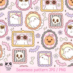 May include: A repeating pattern with cartoon ghosts in ornate frames, surrounded by bats, flowers, and bones, set against a pink backdrop. The ghosts are wearing sunglasses and bows. The text "Seamless pattern JPG / PNG" is at the bottom.