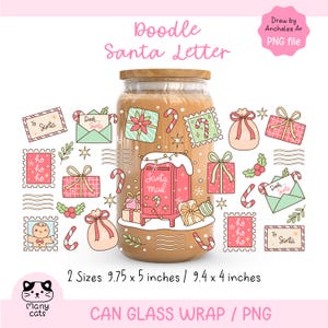 May include: A festive glass can wrap design with a Santa theme. The design includes a Santa mailbox, gift boxes, candy canes, and postage stamps. The text "Doodle Santa Letter" is displayed in pink. The can wrap is available in two sizes: 24.7 x 12.7 cm and 23.9 x 10.2 cm.