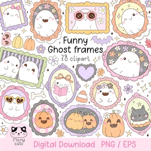 May include: A collection of whimsical ghost-themed clipart frames. The frames feature smiling ghosts with various accessories, including sunglasses, bows, and flowers. The text "Funny Ghost frames 38 clipart" is displayed.