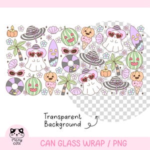 May include: A whimsical illustration featuring summer and Halloween-themed elements. Includes ghosts wearing heart-shaped sunglasses, surfboards, watermelons, ice cream cones, and beach hats. The words "Transparent Background" are also visible.