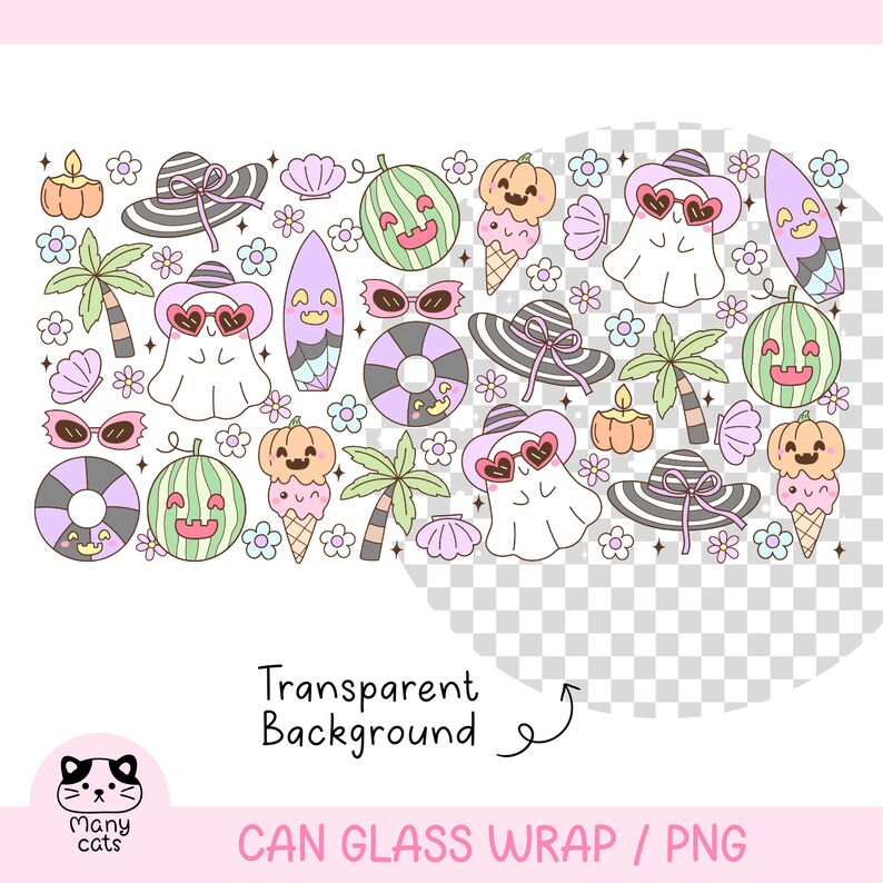 May include: A whimsical illustration featuring summer and Halloween-themed elements. Includes ghosts wearing heart-shaped sunglasses, surfboards, watermelons, ice cream cones, and beach hats. The words "Transparent Background" are also visible.