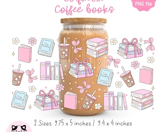 Coquette Coffee Books Cup Wrap Png, Girly Bookish, Coffee Glass Can,   Dtf Cup Wraps, Cozy Readers Club, Book Lover Gift