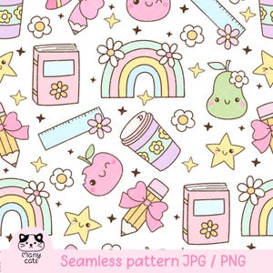 May include: A seamless pattern featuring a variety of cute cartoon illustrations, including a rainbow, a pear, a pencil, a book, a ruler, a coffee cup, an apple, and a star. The illustrations are in pastel colors and have a whimsical, childlike style. The pattern is perfect for use on fabric, wallpaper, or other decorative items.