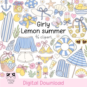 Op de afbeelding: Een verzameling handgetekende zomer-thema clipart illustraties. De afbeelding bevat een verscheidenheid aan items, waaronder een surfboard, een bikini, een parasol en een mand met citroenen. De tekst "Girly Lemon Summer" en "Digital Download" zijn ook opgenomen.