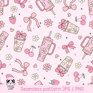 May include: A seamless pattern featuring pink and white illustrations of drinks, bows, cherries, strawberries, and flowers on a pink background. The text "Seamless pattern JPG / PNG" is at the bottom of the image.