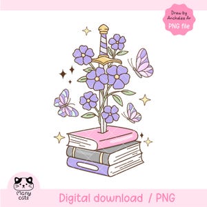 May include: A digital illustration featuring a sword piercing a stack of books, with purple flowers and butterflies. The image includes the text "Digital download / PNG" and the artist's name. The Many Cats logo is in the bottom left corner.