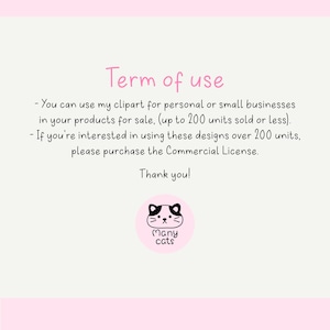 May include: A light pink background with the text "Term of use" in pink. Below the text are usage guidelines for the clipart. A pink circle with a cat face and the words "Many cats" is at the bottom.