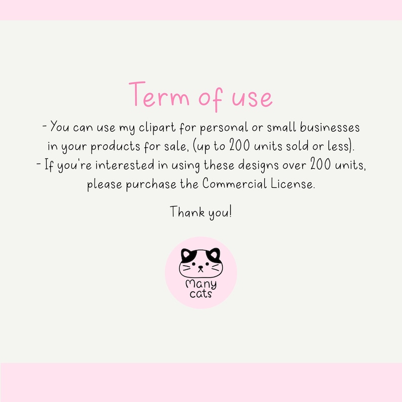 May include: A light pink background with the text "Term of use" in pink. Below the text are usage guidelines for the clipart. A pink circle with a cat face and the words "Many cats" is at the bottom.