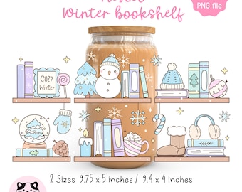 May include: A pastel winter bookshelf design with illustrations of books, a snowman, and winter accessories. The design includes the text "Pastel Winter bookshelf" and "CAN GLASS WRAP / PNG". The image is available in two sizes: 24.7 x 12.7 cm and 23.9 x 10.2 cm.