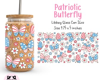 Patriotic Butterfly 16 Oz Libbey Glass Can Wrap Png Floral 4th of July Libbey Glass Can Flag Butterfly Png Red White Blue Butterfly Cup Wrap