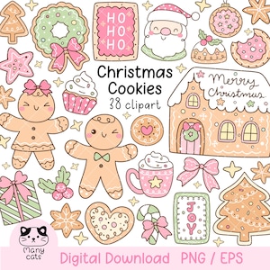 May include: A collection of Christmas-themed clipart featuring cookies, gingerbread people, Santa Claus, and a gingerbread house. The image includes text that reads "Christmas Cookies 38 clipart" and "Digital Download PNG / EPS".