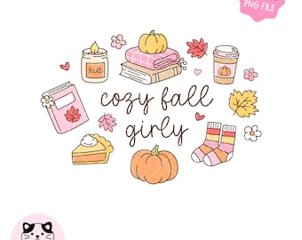 Przytulny, jesienny, dziewczęcy PNG, jesienny czytelnik, modna estetyka, naklejka w stylu książkowym, projekt koszulki sublimacyjnej (pobranie cyfrowe)
