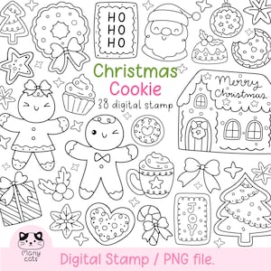 May include: Black and white digital stamps of Christmas cookies and holiday elements. Includes gingerbread people, Santa, a gingerbread house, ornaments, and the text "Christmas Cookie".