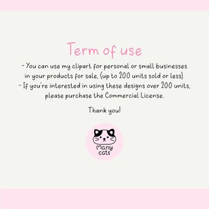 May include: A light pink background with the text "Term of use" in pink. The text explains the terms for using the clipart for personal or small business use. A circular logo with a cat face and the words "Many cats" is at the bottom.