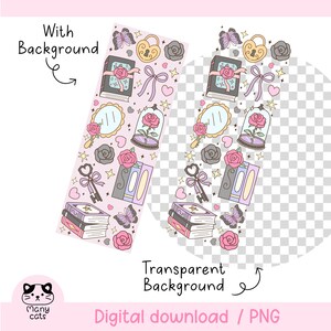 May include: A digital download graphic with a light pink background featuring various illustrations. These include books, roses, butterflies, keys, mirrors, and a glass dome with a rose inside. The text "With Background" and "Transparent Background" are present.