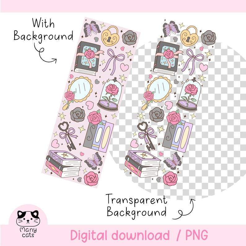 May include: A digital download graphic with a light pink background featuring various illustrations. These include books, roses, butterflies, keys, mirrors, and a glass dome with a rose inside. The text "With Background" and "Transparent Background" are present.