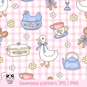 May include: Seamless pattern featuring cartoon illustrations of a duck, chicken, teacups, and a teapot. The design includes flowers and wooden spoons on a pink and white checkered background. The text "Seamless pattern JPG / PNG" is at the bottom.