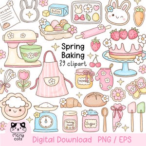 Spring Baking Clipart, Sweet Bakery Clipart, Pastel Dessert Illustrations, Bakeries Clipart, Kawaii Cookies, Bakers Gift