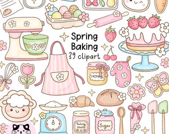 Spring Baking Clipart, Pastel Bakery Illustrations, Kawaii Cookies (Digital Download)