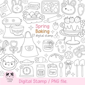 Spring Baking Digital Stamp, Doodle Sweet Bakery Png, Outline Dessert Coloring, Bakeries, Cookies, Bakers Coloring Page