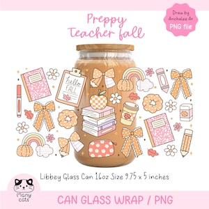 May include: A Libbey glass can with a wooden lid, decorated with fall-themed illustrations. The design includes books, bows, pumpkins, and the text "Preppy Teacher Fall." The can is 9.75 x 5 inches and holds 16oz.