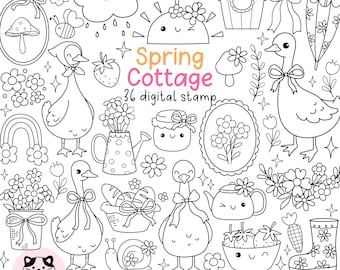 Doodle spring cottage digital stamp Spring coloring png Silly goose stamp Outline cottagecore png Garden flower stamp Spring coloring page