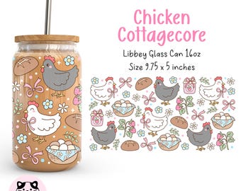 Chicken Cottagecore 16oz Libbey Glass Can Wrap Png Coquette Chicken Lover Glass Can Wildflower Chicken Png Floral Farmhouse UV DTF Wrap Png