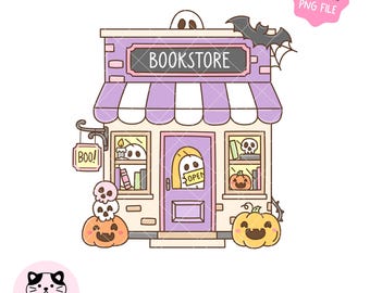 Straszna księgarnia PNG, clipart z duchami, miłośnik książek, naklejka na Halloween, projekt koszulki sublimacyjnej (pobieranie cyfrowe)
