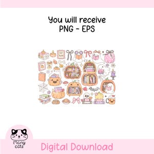 May include: A digital download graphic with various illustrations. The design includes pumpkins, ghosts, books, and other autumn-themed elements. The text "You will receive PNG - EPS" and "Digital Download" are also included.