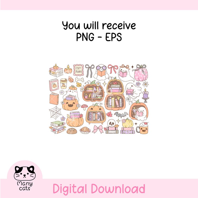 May include: A digital download graphic with various illustrations. The design includes pumpkins, ghosts, books, and other autumn-themed elements. The text "You will receive PNG - EPS" and "Digital Download" are also included.
