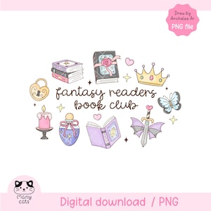 Peut inclure: Illustration fantaisiste avec des livres, une couronne, un papillon, une épée, un cadenas, une bougie et une potion. Le texte dit "fantasy readers book club". Téléchargement numérique au format PNG.