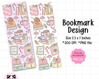 May include: Two illustrated bookmarks with a cozy theme. Each bookmark features stacks of books, mugs of hot chocolate, gifts, and candy canes. The text "COZY BOOKS" is visible on each bookmark. The bookmarks are 2.5 x 7 inches.