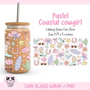 Pastel Coastal Cowgirl 16 Oz Libbey Glass Can Wrap Png Summer Aesthetic Libbey Glass Can Png Western Beach Png Cute Cowgirl Can Cup Wrap